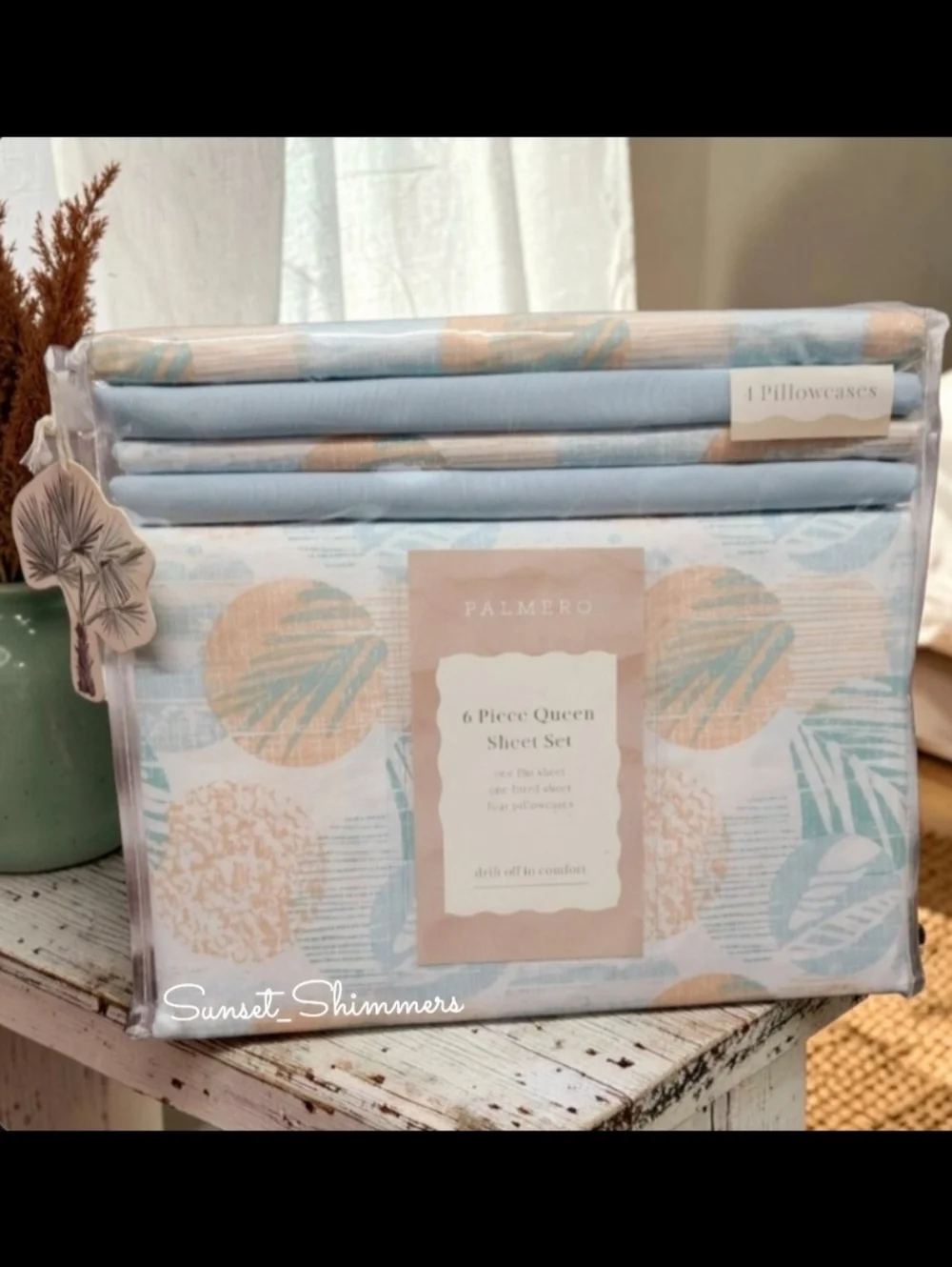 6pc Coastal Palm Leaf Tropical Sunset Queen Bed Sheets 4 Pillowcases Decor Set